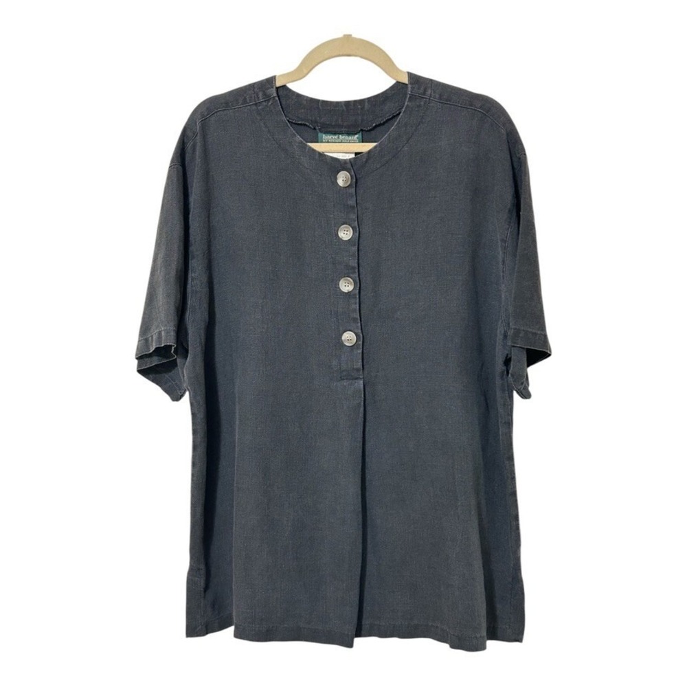 VTG Harve Benard Women's Linen Top Tunic L Gray Short Sleeve 4 Button Lagenlook